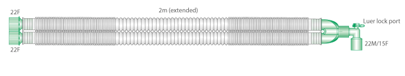 22mm Compact™ uitrekbaar beademingssysteem, 2.0m met hoekstuk en luer lock aansluiting