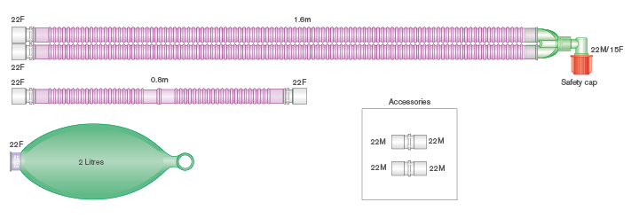 22mm Silver Knight™ anti-microbieel Flextube™ beademingssysteem 1.6m met 0.8m extra slang en 2.0L ballon