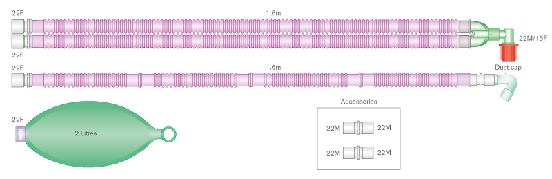 22mm Silver Knight™ anti-microbieel Flextube™ beademingssysteem 1.6m met vast hoekstuk, 1.6m extra slang en 2.0L ballon, voor op Aespire™, Avance™ en Aisys™ ventilatoren