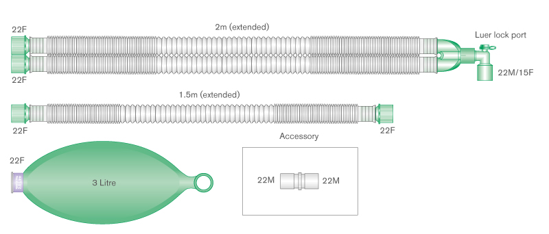 22mm Compact™ uitrekbaar beademingssysteem, 2.0m met 1.5m extra slang en 3.0L ballon