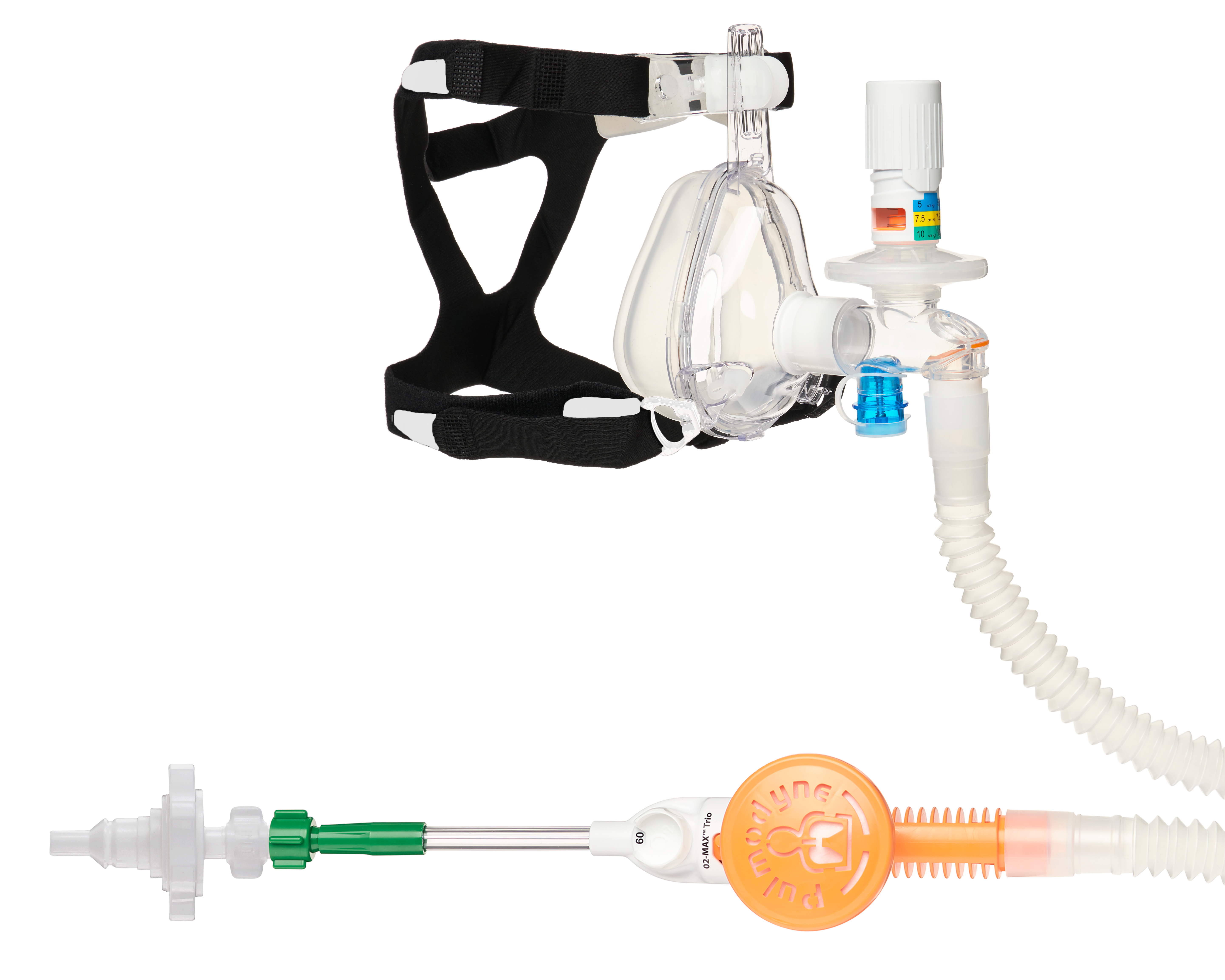 O2-MAX™ Trio-systeem met UNI Quik-Connect™, met uitbreidbare slang, 3-SET™ verstelbare PEEP-klep en BiTrac™ ED-masker, groot volwassene