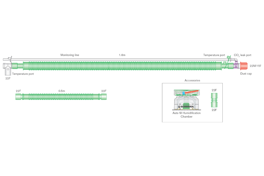 30mm Flextube™ bilevel verwarmd beademingssysteem voor volwassenen, ≥ 1.6m met swivel, uitademingspoort, monitorlijn, bevochtigingkamer en ≥ 0.5m extra slang