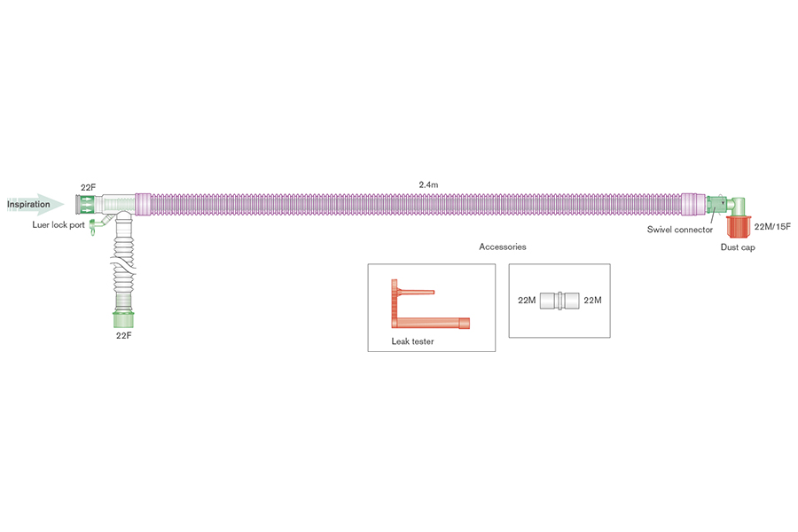 30mm Silver Knight™ anti-microbieel UniFlow™ coaxiaal beademingssysteem, 2.4m met geïntegreerde monitorlijn en 0.5m extra slang