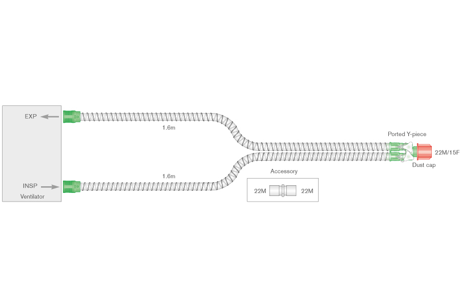15mm Smoothbore beademingssysteem, 1.6m, voor kinderen met y-stuk met poorten