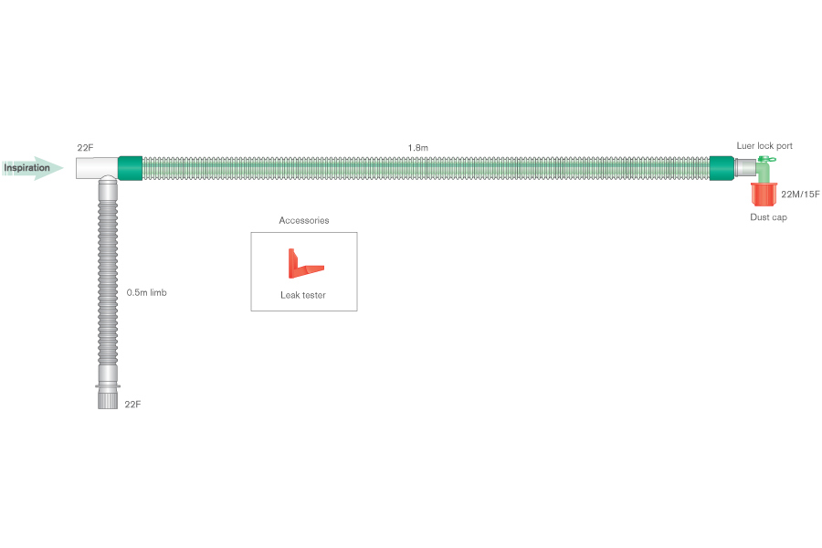 22mm DuoFlow beademingssysteem, inclusief hoekstuk met luer aansluiting, ≥ 1.8m