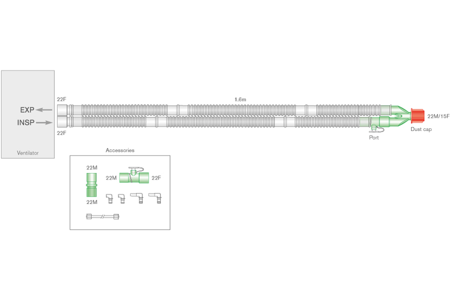 22mm Flextube™ beademingssysteem met stikstofmonoxide adapter