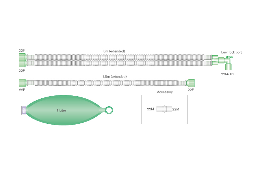 15mm Compact™ uitrekbaar beademinssysteem voor kinderen, 3.0m met 1.0L ballon, luer lock aansluiting en 1.5m extra slang