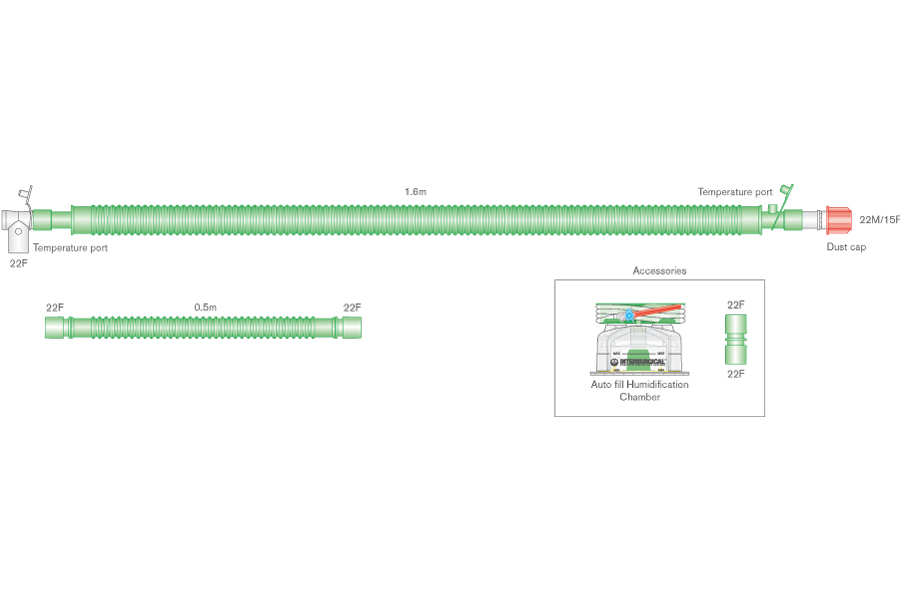 30mm Flextube™ bilevel verwarmd beademingssysteem voor volwassenen, 1.6m met swivel connector, bevochtigingkamer en 0.5m extra slang