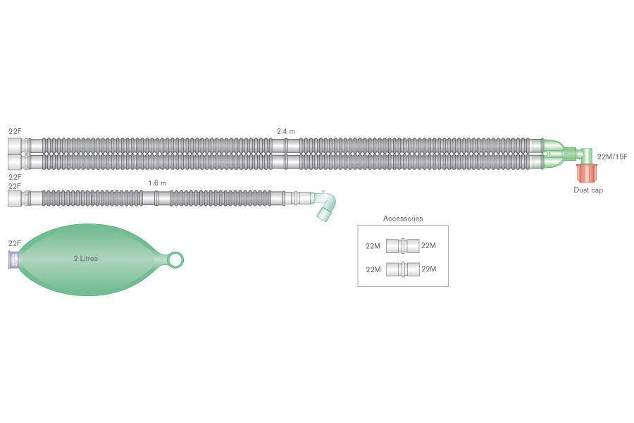 22mm Flextube™ beademingssysteem 2.4m met vast hoekstuk, 1.6m extra slang en 2.0L ballon