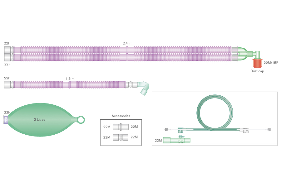 22mm Silver Knight™ anti-microbieel Flextube™ beademingssysteem, 2.4m met vast hoekstuk, 1.6m extra slang en 2.0L ballon en spirometrieset, voor op Aespire™, Avance™ en Aisys™ ventilatoren