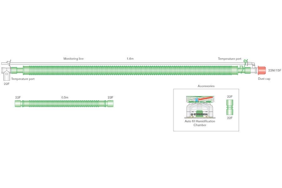 30mm Flextube™ bilevel verwarmd beademingssysteem voor volwassenen, ≥ 1.6m met swivel connector, monitorlijn, bevochtigingkamer en ≥ 0.5m extra slang