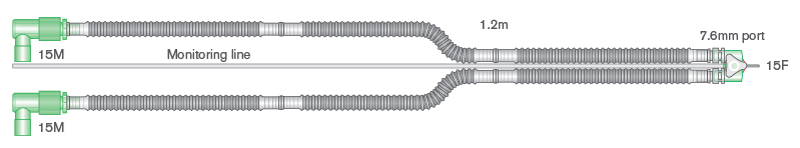 10mm Flextube™ transport beademingssysteem van 1.2m met draaibaar y-stuk en monitorlijn, voor Fabian ventilatoren
