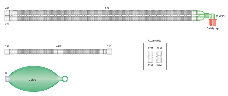 22mm Flextube™ beademingssysteem, 1.6m met 0.8m extra slang en 2.0L ballon